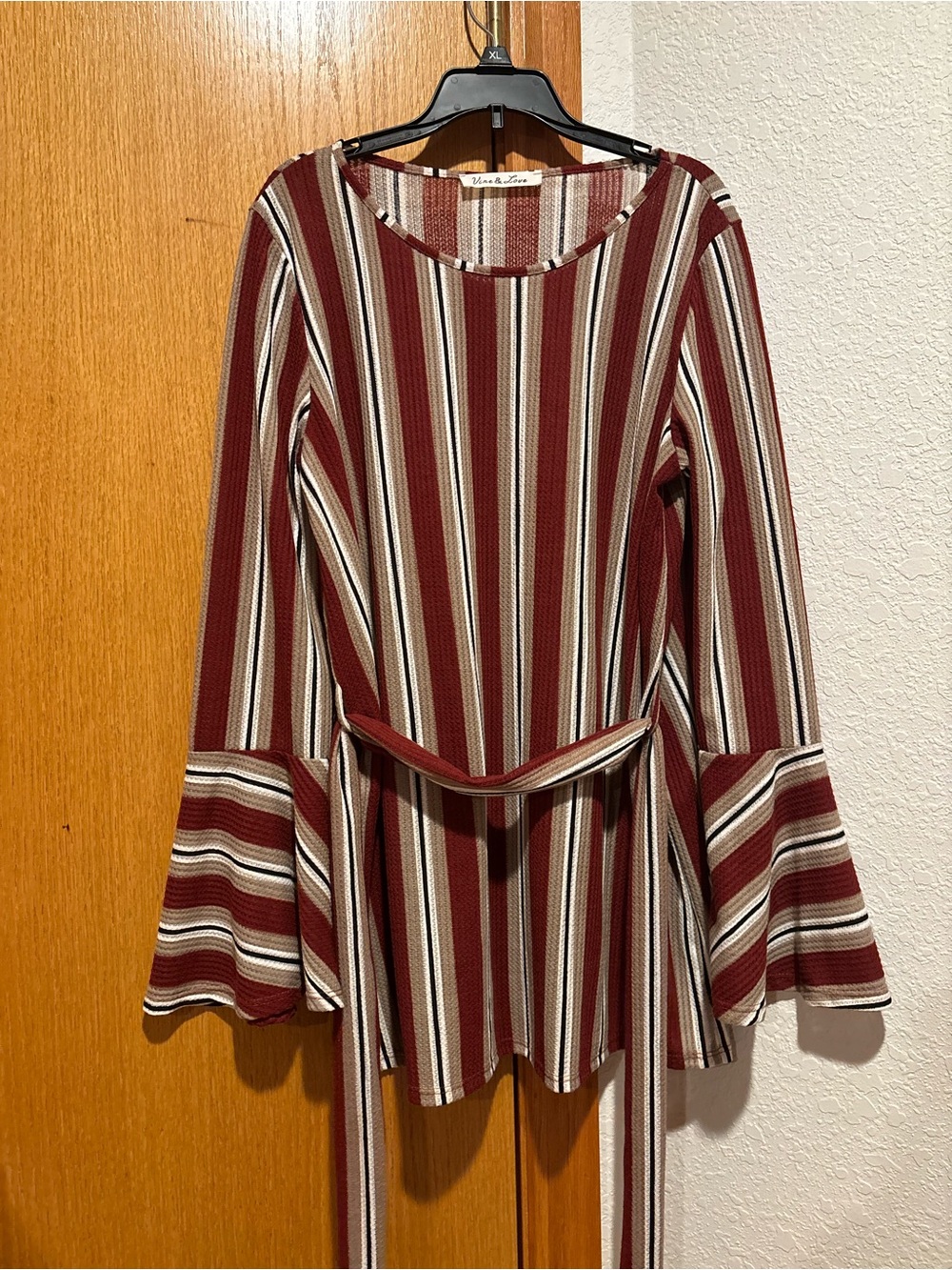 Red and Beige Striped Bell Sleeve Top with Waist Tie